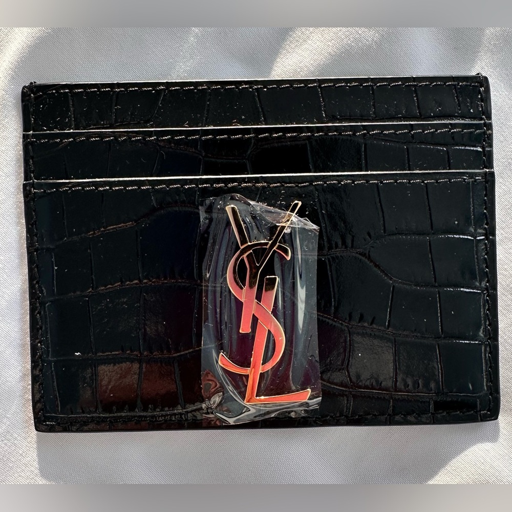 Saint Laurent Black Croc Embossed Card Holder with YSL Gold Logo